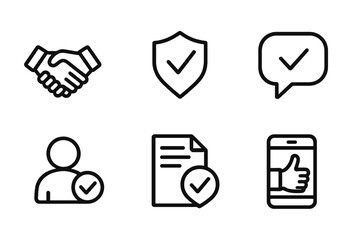 Trust-Building Icon Set. Line style icons of trust-building in systems: trust handshake icon, feedback assurance badge, safe