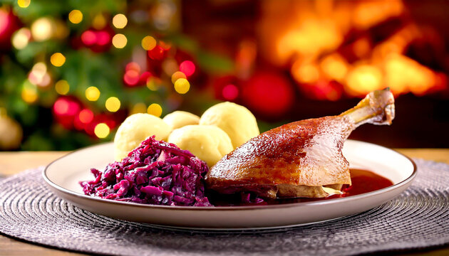 G&auml;nsekeule mit Kl&ouml;ssen und Rotkraut 