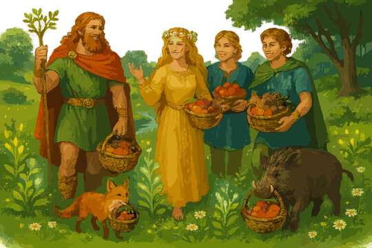Vanir Gods in Eden. Vanir gods in a lush meadow with glowing plants, cheerful rivers, and animals carrying baskets of fruit No
