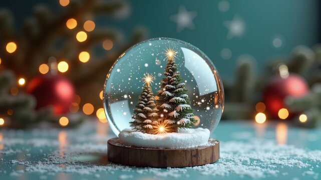Christmas Snow Globe with Xmas Background. Vintage Retro New Year decorations postcard backdrop. Generative AI.