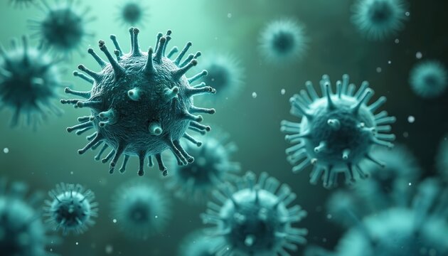 Microscopic view shows many dangerous virus cells with spiky proteins. Pathogens float in body fluid, causing serious disease, infection, illness. Microbes spread easily in air. Represents key