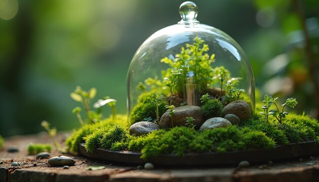Terrarium with moss, plants and stones is under glass dome. Mini eco system garden in glass container on wooden surface. Creative botanic florarium concept with ecosystem inside.