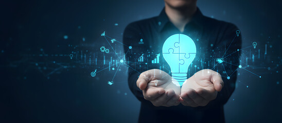 leadership and innovation concept with businessman offering bright business idea