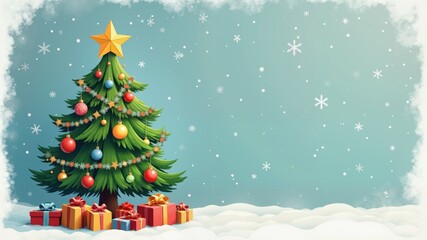 Illustration of Christmas tree with decoration.

