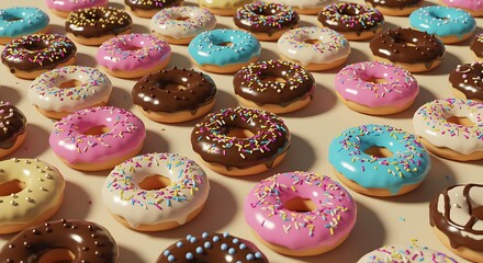 Delicious assorted donuts with colorful frosting and sprinkles arrangement tempting treats