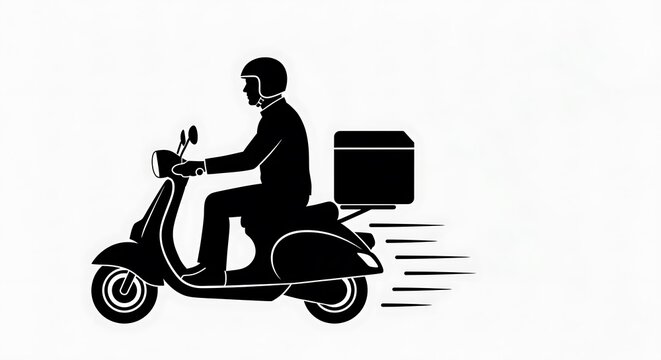 Silhouette of a delivery person riding a scooter with a thermal box on the back
