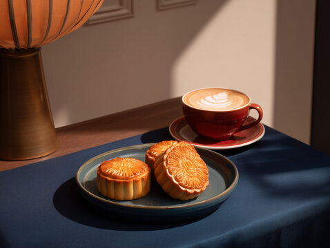 dishes mooncakes and a ceramic coffee cup with latte art on the table - Powered by Adobe