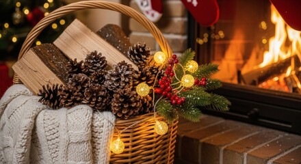 Warmth and Festivity: A cozy scene with a woven basket filled with pine cones, firewood, and twinkling lights near a crackling fireplace, creating a festive atmosphere.
