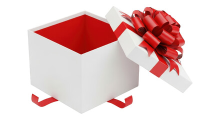 Square white present box with opened lid decorated with ribbon bow
