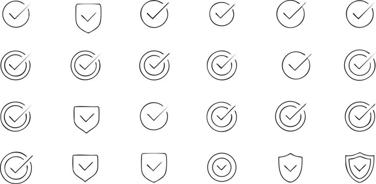Twenty-four shield and circle checkmark icons in outline