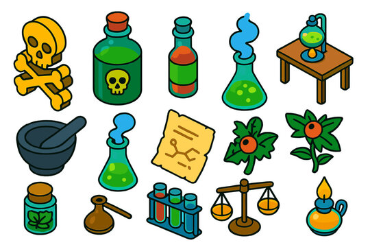 Vintage Toxicology Icons. Isometric vector illustration set Vintage Toxicology: crossbones sign, poison elixir bottle, antidote