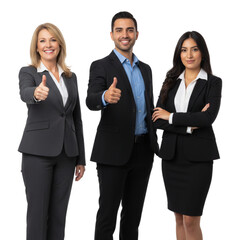 three happy business professionals in suits gesturing thumbs up and standing confidently on Isolated transparent background png. generated with AI