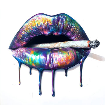 Vibrant dripping chrome lips with intense rainbow iridescent texture holding a rolled marijuana weed spliff 