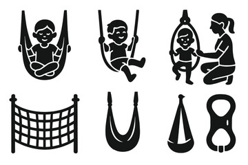 Kids Aerial Yoga Icons. Solid style icons of kids aerial yoga: child in hammock pose, playful swing icon, balance game loop.