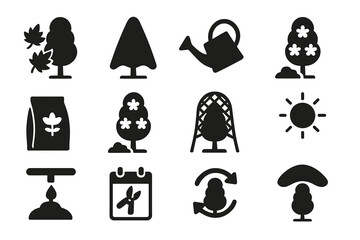 Seasonal Topiary Icons. Solid style icons of seasonal topiary care: autumn leaves, frost cover cloth, watering can, mulch pile,