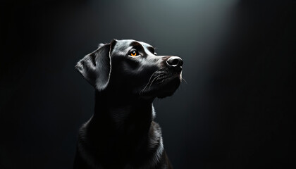 Black dog gazes upward, illuminated by bright spotlight. Dark fur contrasts sharply with black background. Dramatic pet portrait evokes mystery, curiosity, loyalty, intelligent eyes, soulful presence.