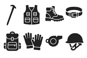 Survival Gear Icons. Solid style icons of survival gear for tours: walking stick glyph, utility vest icon, boots badge. Tool belt
