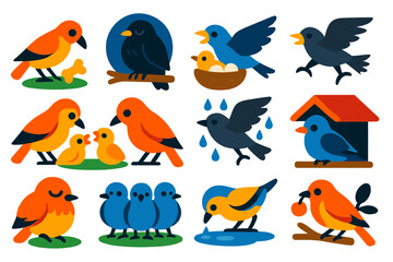Fototapeta premium Bird Survival Icons. Flat vector icons of Bird Survival Strategies: scavenging food, roosting at night, defending nest, chasing