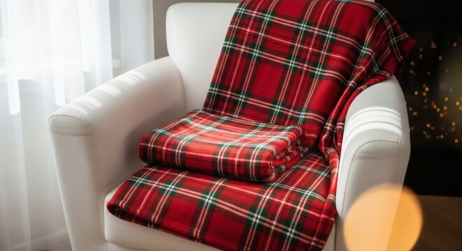 Cozy Corner: A plush, red tartan blanket draped over a pristine armchair, creating an inviting and warm ambiance. The scene is bathed in soft, natural light, promising comfort and relaxation.