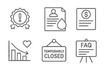 Crisis Communication Icons. Line style icons of customer communication during crisis: service update badge, apology letter icon,