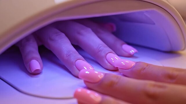 Pink gel manicure under uv lamp curing glossy long nails cozy salon glow gel nail drying UV lamp