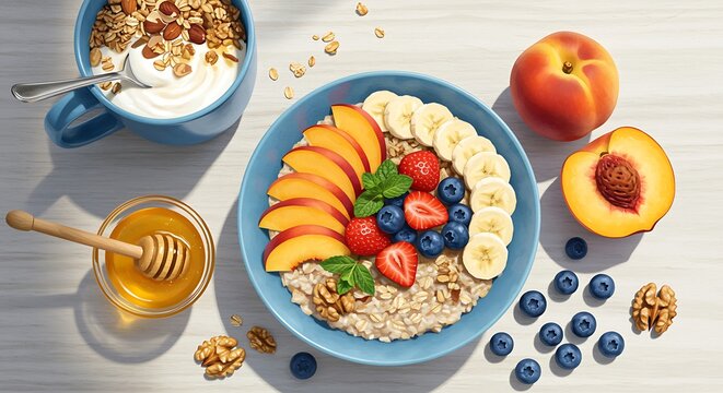 Healthy breakfast bowl with oats fruits nuts and natural honey boost - Powered by Adobe