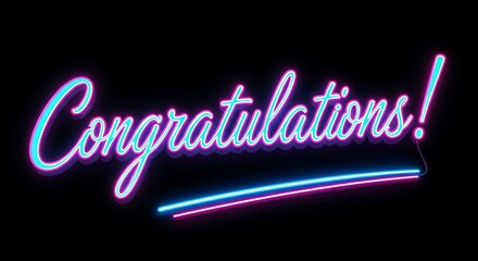 Bright neon congratulations sign illuminates a dark background with a festive glow