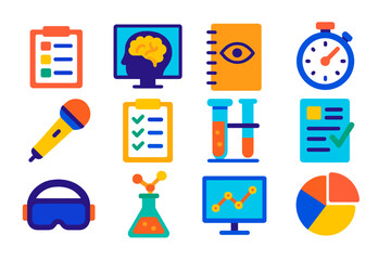 Modern Psychology Tools Icons. Flat vector icons of psychological study tools for rituals: questionnaire, brain scan, observation
