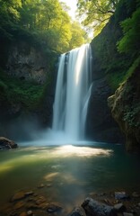 Fototapeta premium Long exposure of a waterfall in a deep green forest. Water cascades down mossy rocks into a calm sunlit pool. A serene river flows through a rich jungle canyon, a peaceful scenic nature escape.