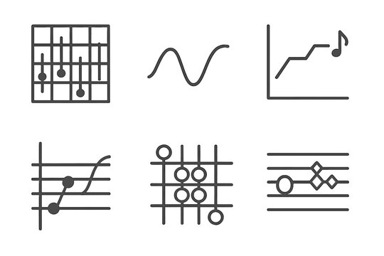 Music Analysis Icons. Line style icons of Comparative Music Analysis: rhythm vs pitch grid, melodic contour line, tempo variation