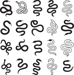 Diverse collection features simple snake silhouette designs, some with outlines against a transparent backdrop