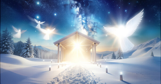 A Glory Filled Sky With Bright Illuminate Angelic Messengers Of Heaven Announcing The Soon Birth Of Jesus The Savior Of The World In The Midst Of Colloidal Galactic Noel Let The Earth Rejoice