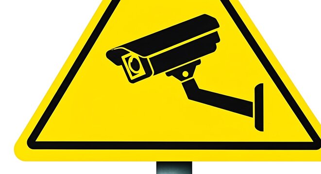 Yellow warning triangle sign with black silhouette of a security camera indicating surveillance zone