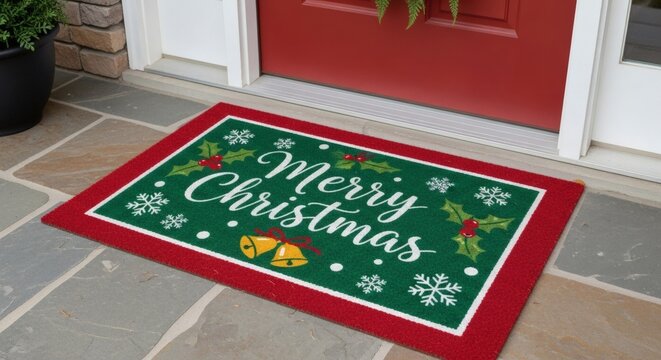 Festive Welcome Mat: A vibrant Merry Christmas welcome mat rests invitingly before a warm, inviting entrance, setting a cheerful tone for the holiday season.