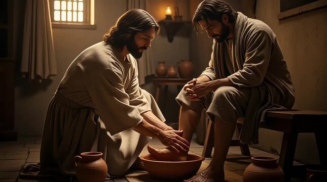 Historical Jesus Preparing for a Cleansing Ritual in Ancient Interior Scene with Warm Lighting