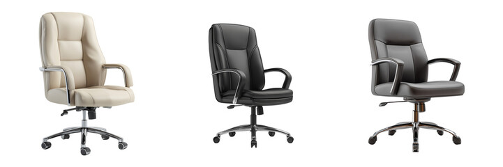 Set of Comfortable executive office chair with lumbar support and cushioned seat, cadeira de escritorio, ergonomic shape on transparent png background. Ai generated