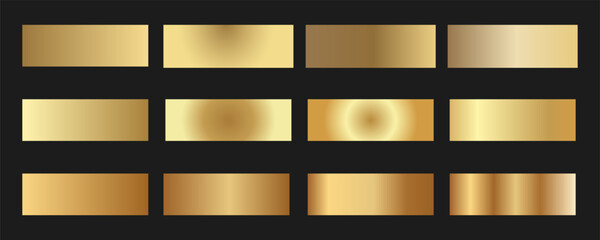 Elegant classic gold gradient swatches collection. Metallic textures with polished foil shine and satin smooth. Glossy palette for premium and luxury designs and branding