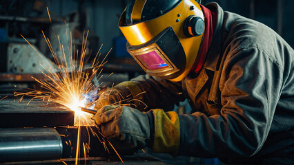 Welder in factory. Skill of welders when working with complex metal structures