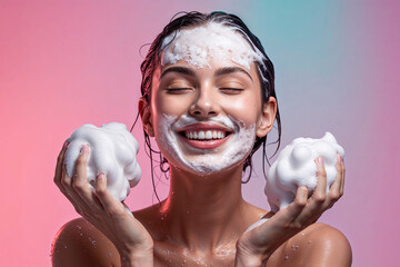 Woman with a radiant smile as she indulges in the pleasure of washing her face and hair, rich with lathered foam. Female face and hair care with foam to freshness. Spa and Health care