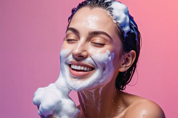 Woman with a radiant smile as she indulges in the pleasure of washing her face and hair, rich with lathered foam. Female face and hair care with foam to freshness. Spa and Health care