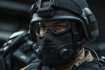 Close-up of a SWAT officer in full tactical gear. Concept SWAT Operations, Tactical Gear, Emergency Response, Critical Role, Law Enforcement