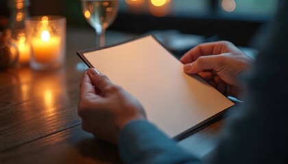 Hands hold blank menu at candlelit restaurant table. Wine glass and burning candles create warm ambiance. Perfect for menu design mockup or restaurant branding.