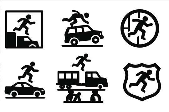 Action Sequence Icons. Solid style icons of action sequences: leap-to-van panel, flip on SUV roof, jump through window badge. Car