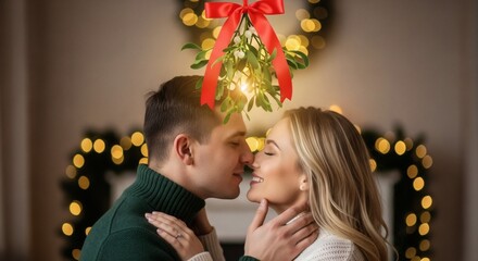 Kiss Under the Mistletoe: A tender moment unfolds as a couple shares a kiss beneath the festive mistletoe, their embrace filled with the warmth and joy of the holiday season.