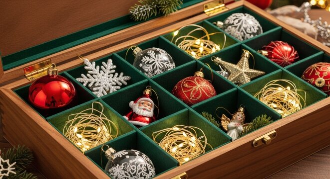 Holiday Keepsakes: A curated collection of Christmas ornaments, each one a festive reminder of traditions. Encased within an elegantly crafted wooden box.
