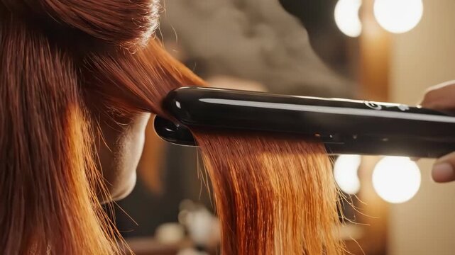Red hair straightener salon flat iron styling smooth shiny warm lighting focused technique hair