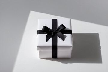 Gift Box with Ribbon. A single, perfectly wrapped gift box in a solid color with a black ribbon. The ribbon is tied in a neat bow on top, and the box sits on a blank background