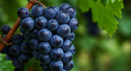 Ripe purple grapes with water droplets in vineyard close up