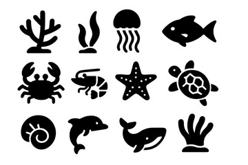 Fototapeta premium Underwater Icon Collection. Solid style icons of Underwater Ecosystem: Coral Reef, Seaweed, Jellyfish, Fish, Crab, Shrimp,