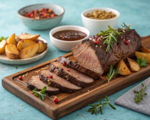 A traditional German Sauerbraten beef is served on a wooden board alongside potatoes, herbs, spices, and various sauces on a turquoise blue background.